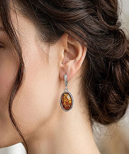 Natural Amber Silver Earrings