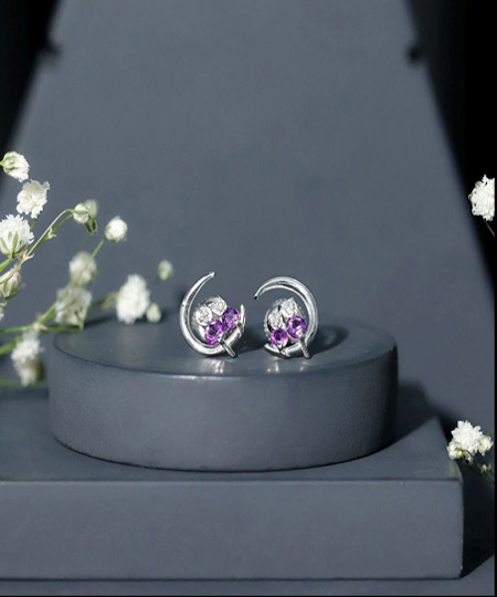 Natural Amethyst and Diamond Cat on Moon