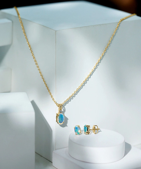 Ethiopian Opal Solitaire Necklace Earrings Set with Diamond